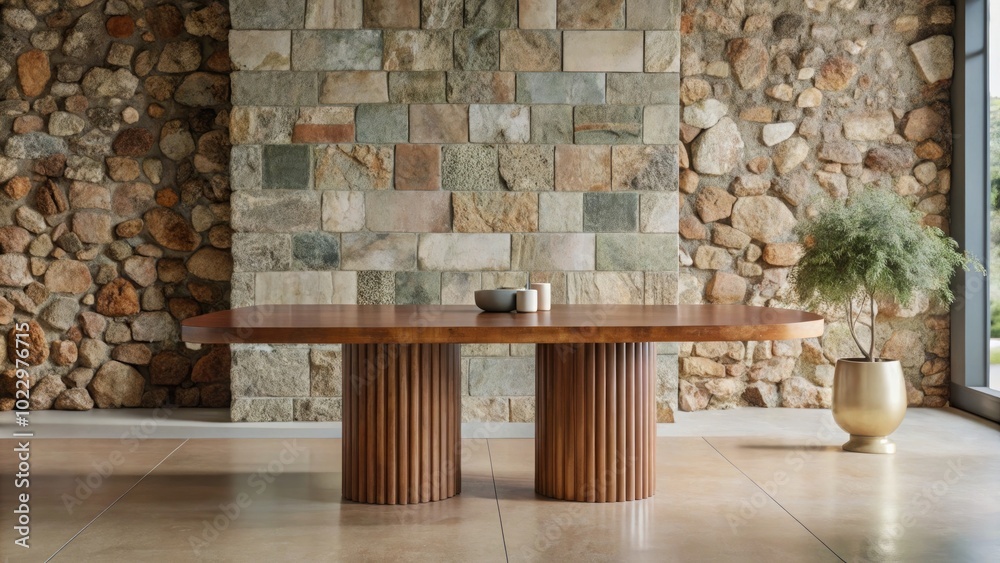 Obraz premium Modern wooden table in front of a textured stone wall.