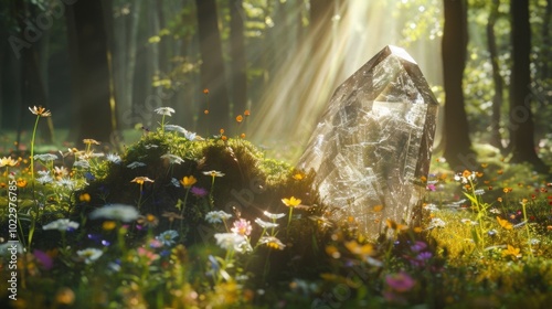 A crystal shines in a vibrant forest, surrounded by colorful flowers and gentle sunlight. Nature’s beauty captivates with peace.