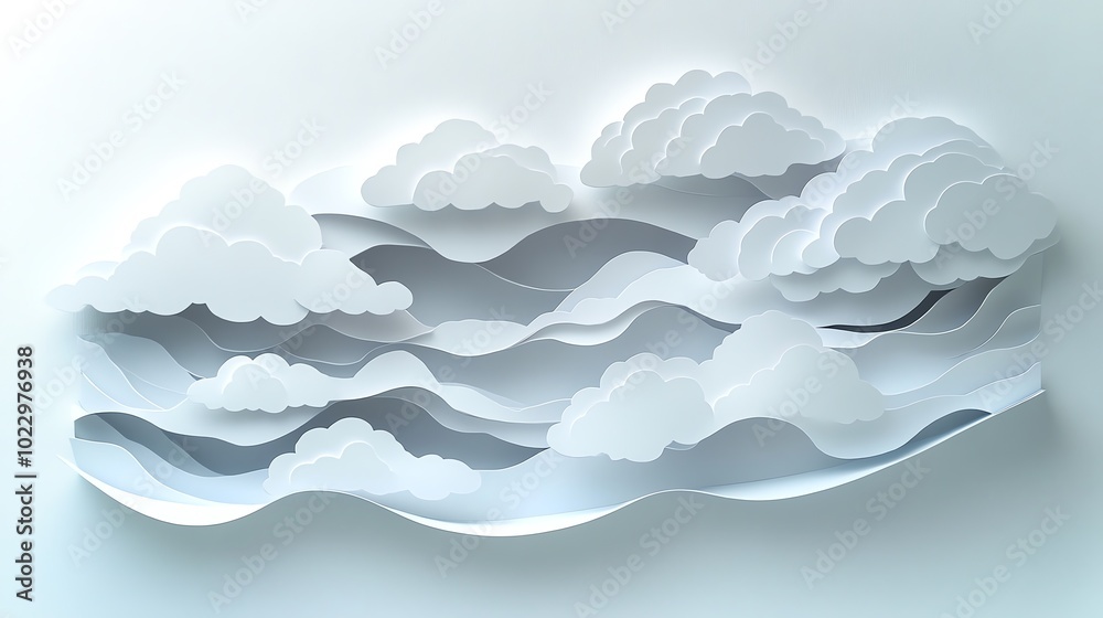 Layered paper cut cloud shapes in soft whites and grays, creating a minimalist sky scene, paper cut clouds, minimalist decor Layered paper cut cloud shapes in soft whites and grays, creating a minimalist sky scene, paper cut clouds, minimalist decor