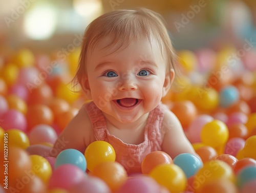 a cheerful baby plays joyfully in a colorful ball pit, surrounded by a vibrant array of soft balls, capturing the essence of childhood innocence and fun in a bright, playful environment