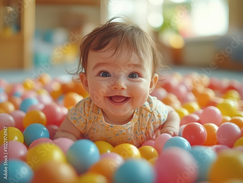 a cheerful baby plays joyfully in a colorful ball pit, surrounded by a vibrant array of soft balls, capturing the essence of childhood innocence and fun in a bright, playful environment