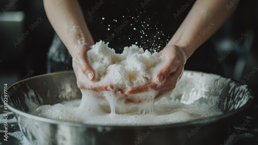 Woman hands squeezing white towels in an aluminum basin, soap suds covering her fingers Woman hands squeezing white towels in an aluminum basin, soap suds covering her fingers