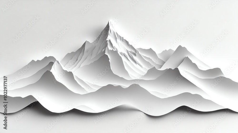 Minimalist paper cut mountain silhouette in soft monochrome, creating clean and serene landscape art, paper cut mountains, minimalist nature decor