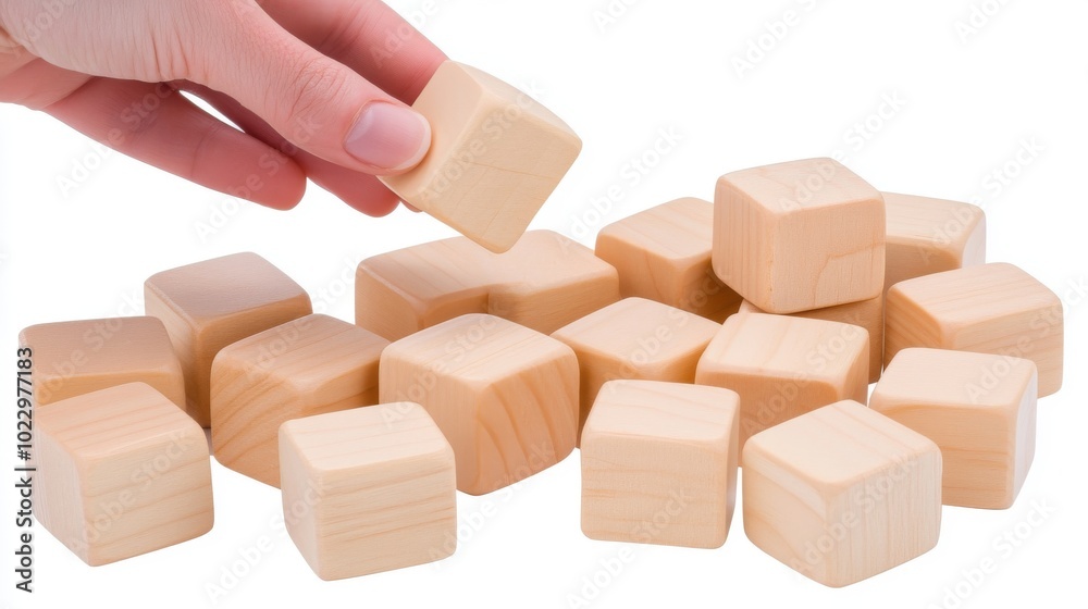 In a minimalist setting with white background, a hand rotates a wooden block in a stack of blocks to illustrate the idea of adaptability and strategic planning In a minimalist setting with white background, a hand rotates a wooden block in a stack of blocks to illustrate the idea of adaptability and strategic planning
