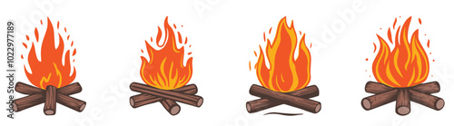 Set Collection Woodcut Campfire or Bonfire Vector