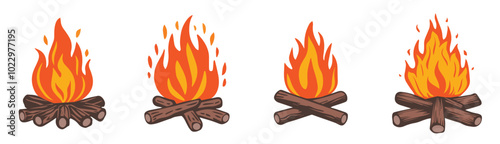 Set Collection Woodcut Campfire or Bonfire Vector