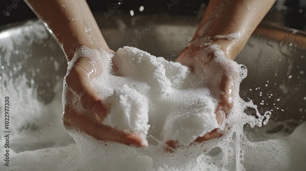 Fototapeta premium Woman hands squeezing white towels in an aluminum basin, soap suds covering her fingers