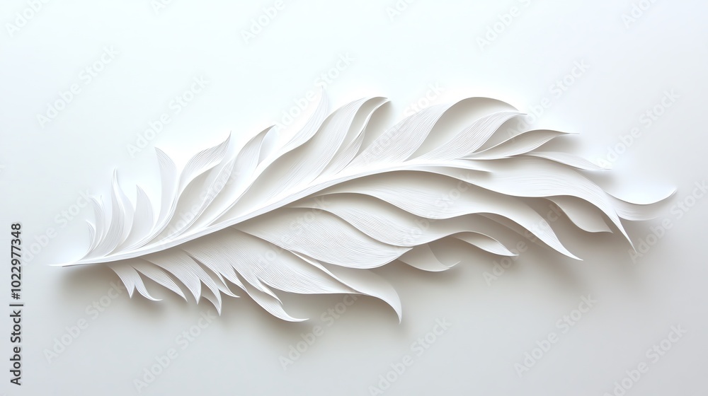 Naklejka premium Paper cut minimalist feather with flowing lines, set against a clean, white background, paper cut feather, minimalist nature decor