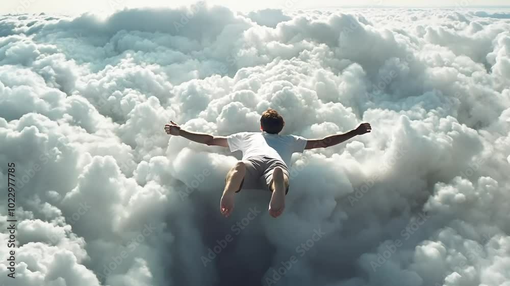 Person flying through a dense layer of clouds in a dreamlike scene