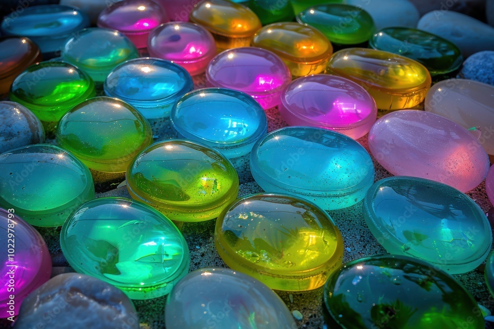 Close-up of translucent glowing stones in various colors, creating a captivating and vibrant abstract composition.
Close-up of translucent glowing stones in various colors, creating a captivating and vibrant abstract composition.