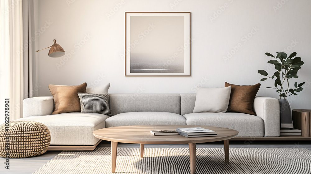 Obraz premium Round coffee table with a single framed photo in a softly lit room