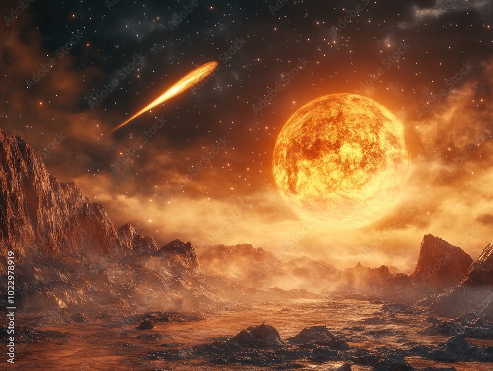 Alien fantasy landscape featuring a space backdrop with rocky craters an orange planet a cloudy sky and a falling comet created in 3D render