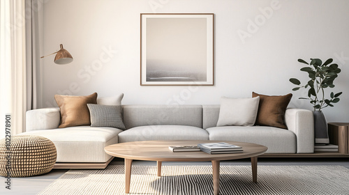 Round coffee table with a single framed photo in a softly lit room