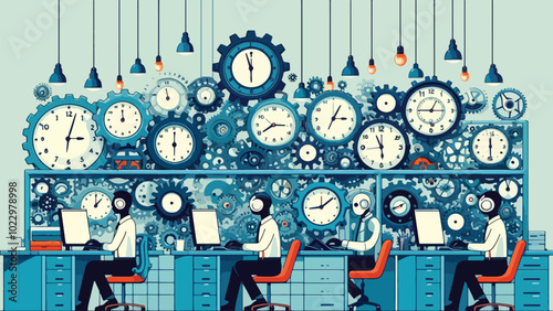 illustration of Time-Focused Business World: A surreal office where time is the only currency—giant clocks float above the workers, and instead of money, the employees exchange hours from their lives