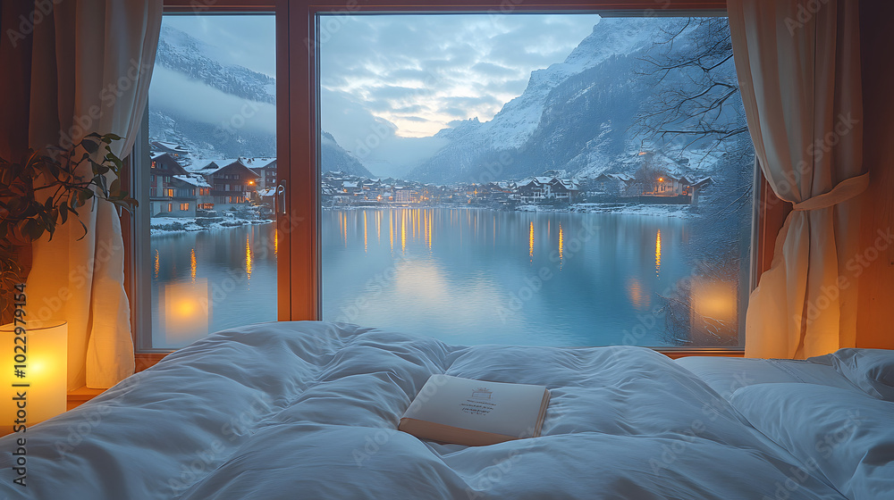 View from the Bed: Window View of a Snowy Lake in Switzerland. A serene and picturesque scene of a cozy bedroom overlooking a calm, snow-covered lake surrounded by mountains in Switzerland. The winter View from the Bed: Window View of a Snowy Lake in Switzerland. A serene and picturesque scene of a cozy bedroom overlooking a calm, snow-covered lake surrounded by mountains in Switzerland. The winter