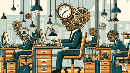 illustration of Time-Focused Business World: A surreal office where time is the only currency—giant clocks float above the workers, and instead of money, the employees exchange hours from their lives