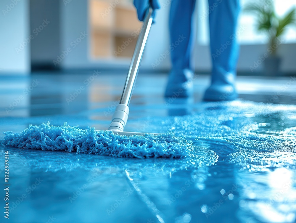 a dedicated cleaning service worker energetically mops the office floor, capturing the essence of professionalism and meticulous care in a close-up view that highlights effort and cleanliness a dedicated cleaning service worker energetically mops the office floor, capturing the essence of professionalism and meticulous care in a close-up view that highlights effort and cleanliness