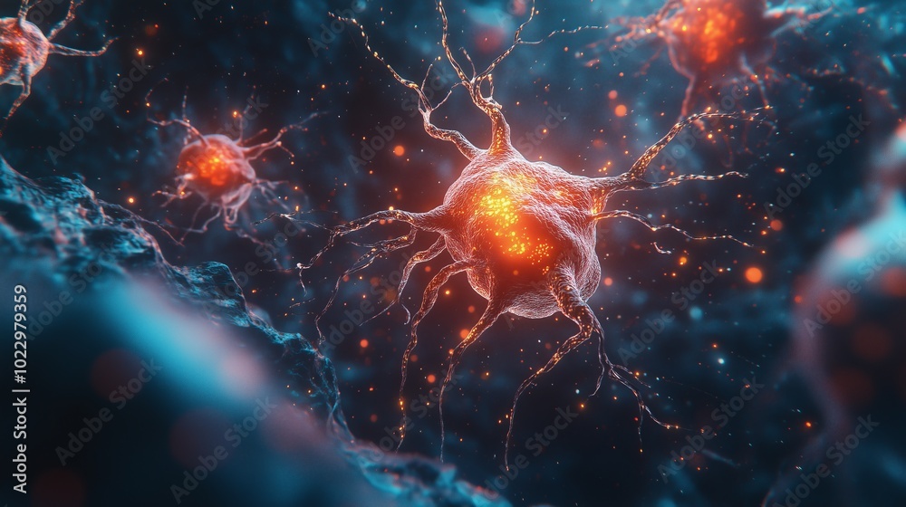 Neuron cell with glowing orange core in a dark blue space Neuron cell with glowing orange core in a dark blue space