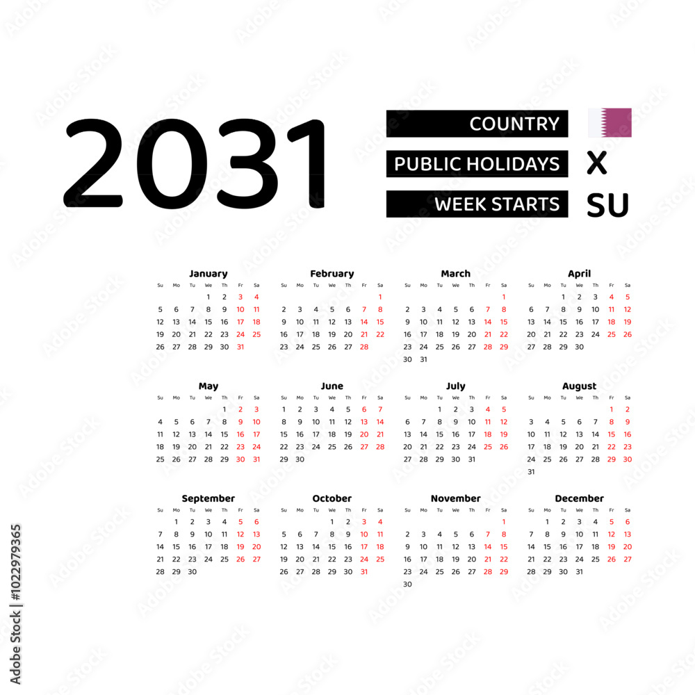 Calendar 2031 English language with Qatar public holidays. Week starts from Sunday. Graphic design vector illustration.