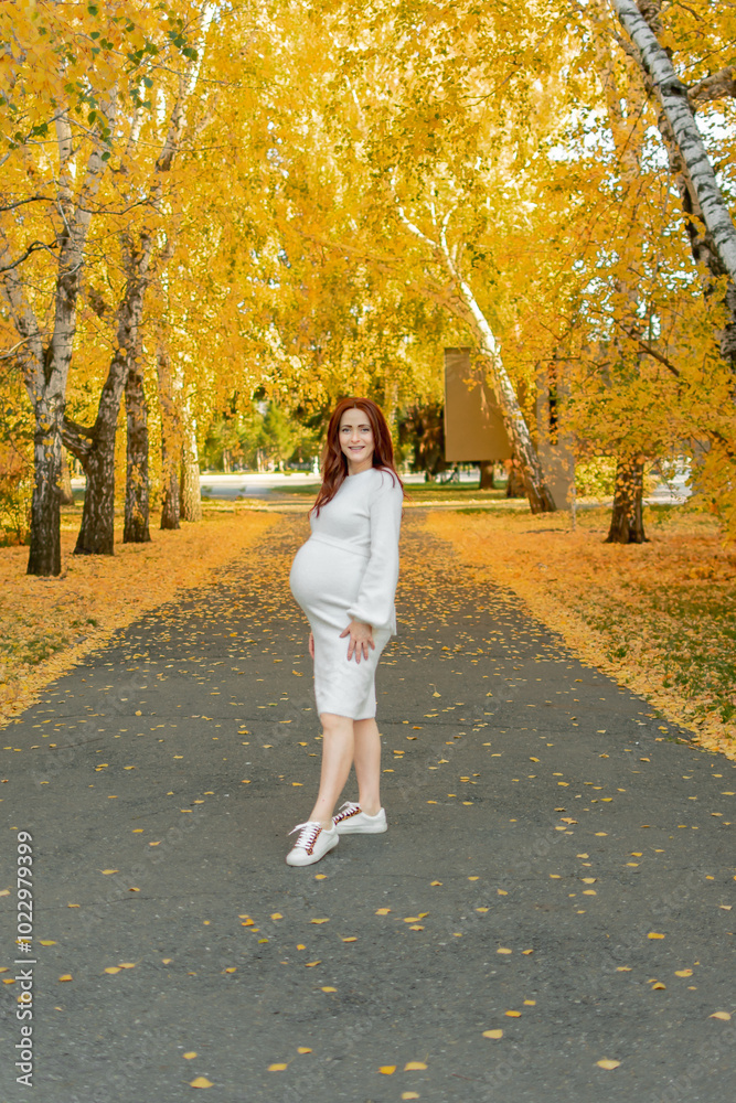 portrait of a pregnant young woman in a white dress in an autumn park. a healthy pregnancy.
