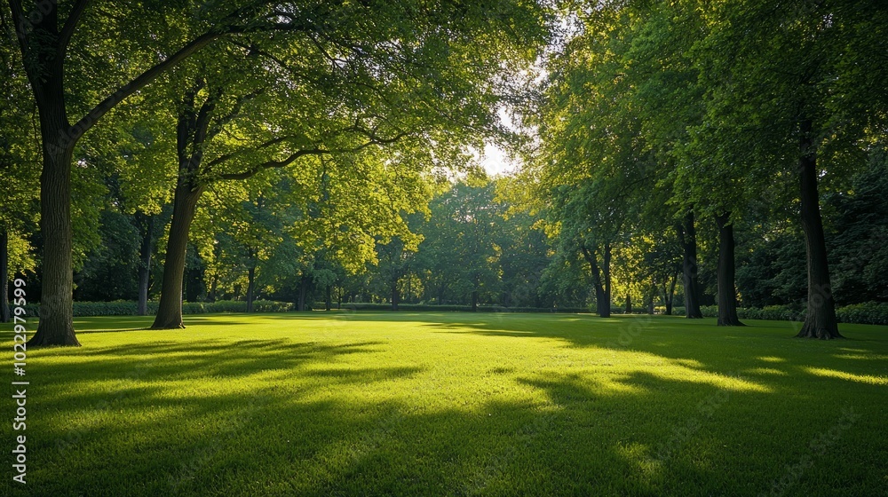 Lush green meadow in a forest with dappled sunlight filtering through the trees. Lush green meadow in a forest with dappled sunlight filtering through the trees.