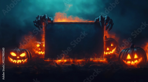 Chilling Halloween banner with large empty sign or poster frame held by eerie, monstrous hands. Ideal for Halloween sales promotions, event advertisements, central empty space ideal for adding text