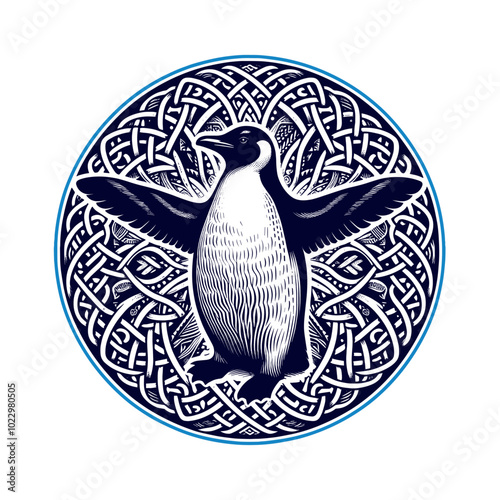 An elegant penguin with detailed, Celtic-style wings, encased in a circular knotwork design. This vector art combines animal symbolism with ancient Celtic patterns in a striking black, white, and gree