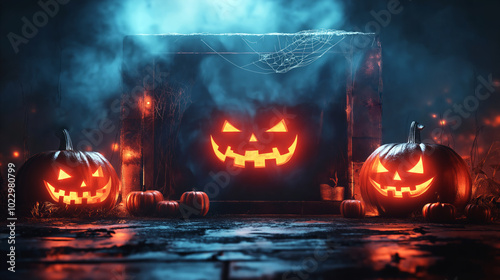 Hauntingly beautiful Halloween banner, three illuminated jack-o'-lantern pumpkins with glowing, carved faces on dark, eerie backdrop. Halloween celebrations, parties, ads, holiday’s spooky charm