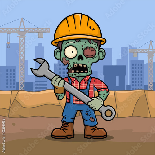 Cartoon zombie construction worker holding a large wrench.
