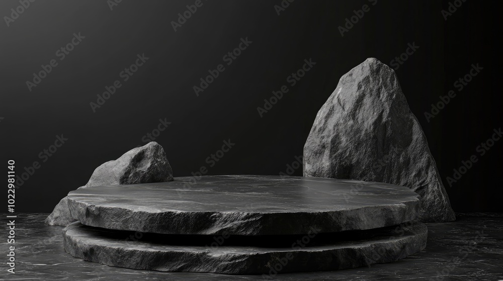 Naklejka premium 3D render illustration of stone and rock shapes Round podium and pedestal for product display Solid dark black color Mockup template for advertising design