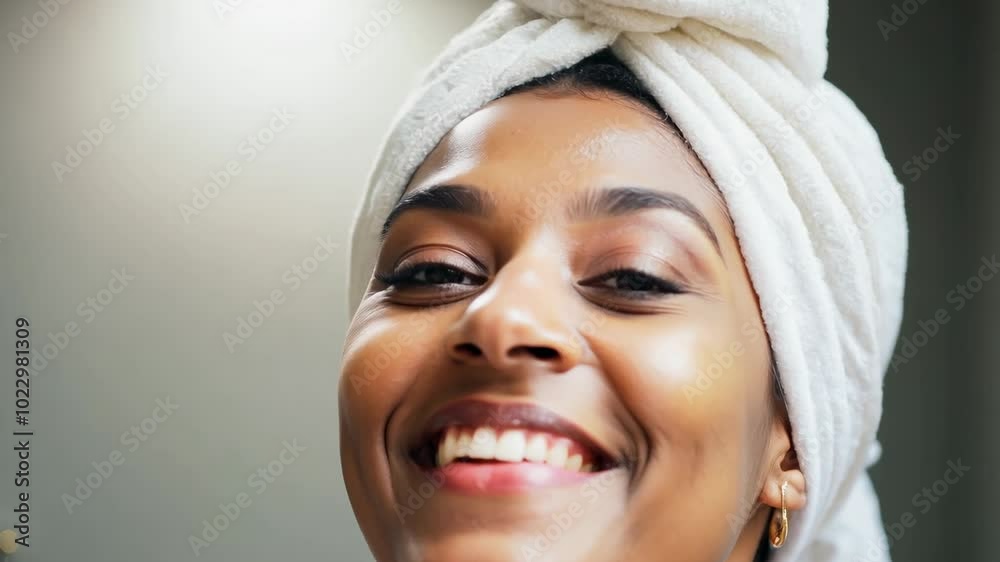 A cheerful woman smiles with a towel wrapped around her head, radiating freshness and confidence after completing her skincare routine.
A cheerful woman smiles with a towel wrapped around her head, radiating freshness and confidence after completing her skincare routine.