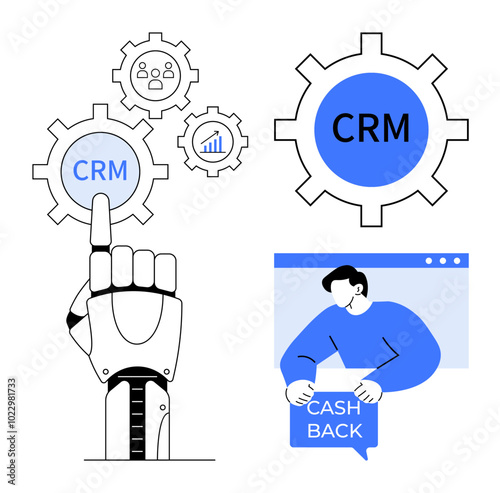 Robotic hand pointing at CRM icon. Male character holding cash back sign. Ideal for automation, customer relationship management, finance, technology, and business strategy themes. Modern, flat