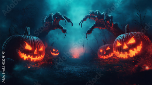 Spine-chilling Halloween scene featuring menacing jack-o'-lantern pumpkins with glowing, carved faces. Halloween-themed promotions, banners, party invitations, mix of horror and seasonal festivity