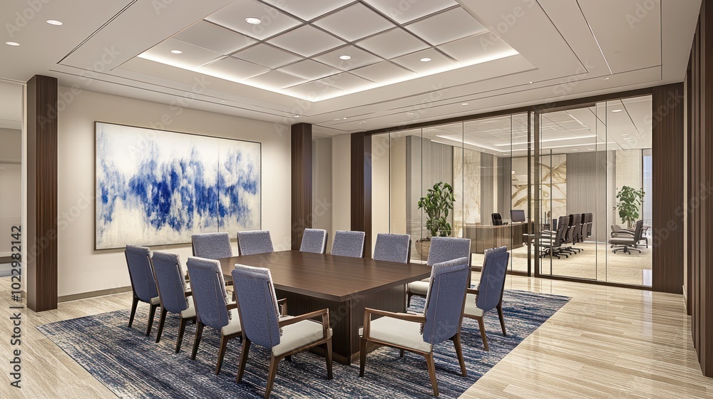 Fototapeta premium Modern conference room with a large table, chairs, and glass-walled meeting space.
