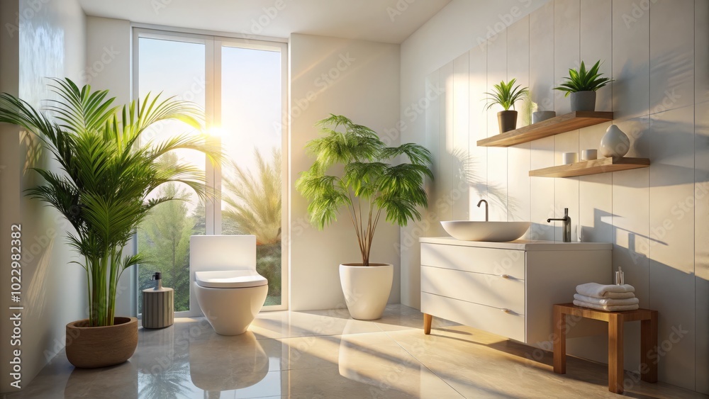 Fototapeta premium Bathed in gentle morning light, this contemporary white bathroom showcases stylish palm trees, embodying a tranquil oasis that invites relaxation and rejuvenation in an elegant space.