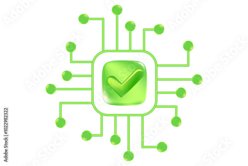 Green 3D chip icon, with check mark icon isolated, transparent background. Futuristic glowing glass texture technology processor, digital connection, computer CPU, artificial intelligence network.