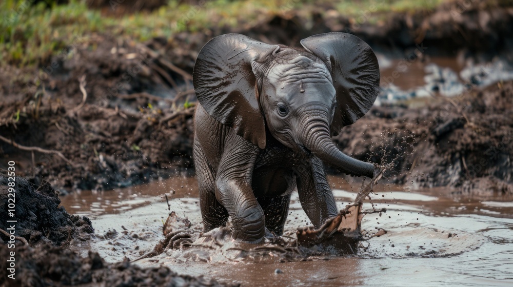Fototapeta premium A baby elephant is playing in a muddy pond