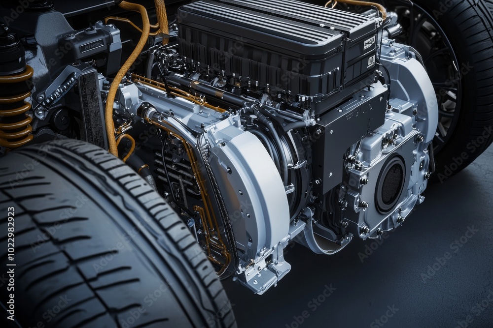 Fototapeta premium Close-up view of a high-performance electric engine, showcasing advanced engineering and sleek design.