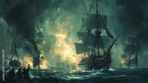 Ships battle on a stormy sea.