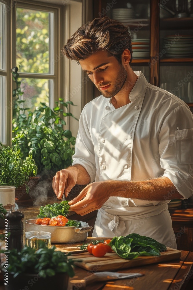 A focused young male chef prepares fresh vegetables in a sunlit kitchen, highlighting culinary expertise and passion. A focused young male chef prepares fresh vegetables in a sunlit kitchen, highlighting culinary expertise and passion.