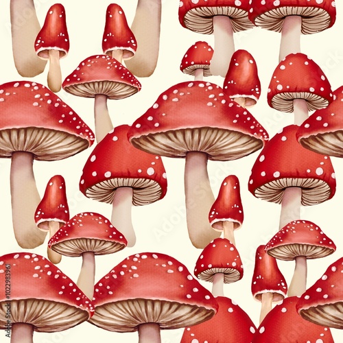 pattern seamless mushroom Red and white cartoon mushrooms flying in a forest, featuring various fungi like toadstools and amanita, set against an autumn nature scene with grass and other plants photo