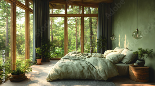 Bedroom in an Adobe House with a Concrete Floor. A serene and rustic bedroom design featuring a concrete floor, tall windows allowing natural light to flood the room, and warm adobe walls creating a c