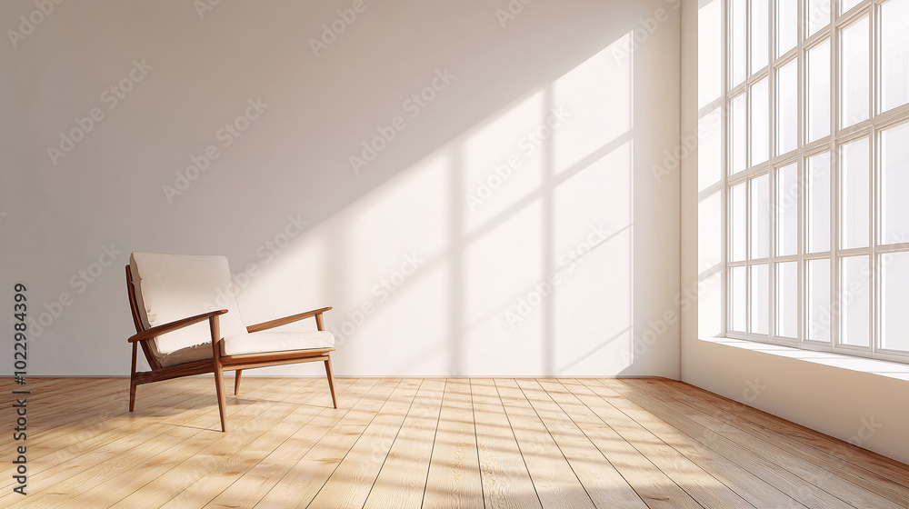 Fototapeta premium Single chair on a hardwood floor in a spacious, all-white room with high ceilings Focus on the interplay between the textures of wood and smooth surfaces