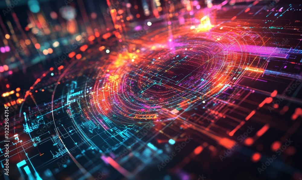 Abstract digital network with glowing lights.