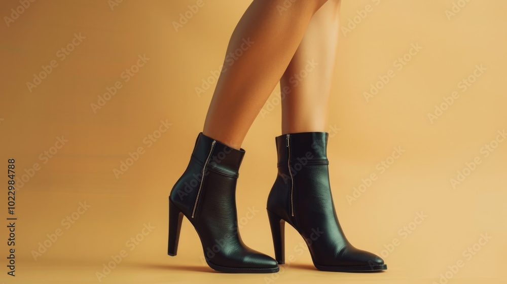 Woman's Legs in Black Boots on a Yellow Background