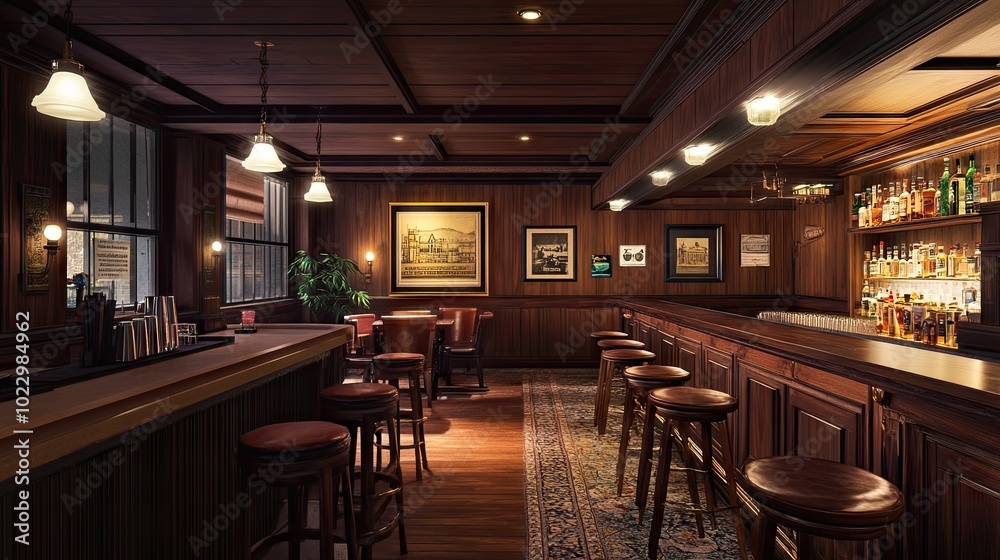 A warm and welcoming bar interior with wooden accents, retro decor, and soft lighting. The dimly lit space invites patrons to unwind A warm and welcoming bar interior with wooden accents, retro decor, and soft lighting. The dimly lit space invites patrons to unwind