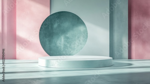 3D abstract studio space featuring a pedestal podium A geometric platform in white and pastel blue with overlapping circular backdrop Contemporary minimal setting for showcasing cosmetic products photo