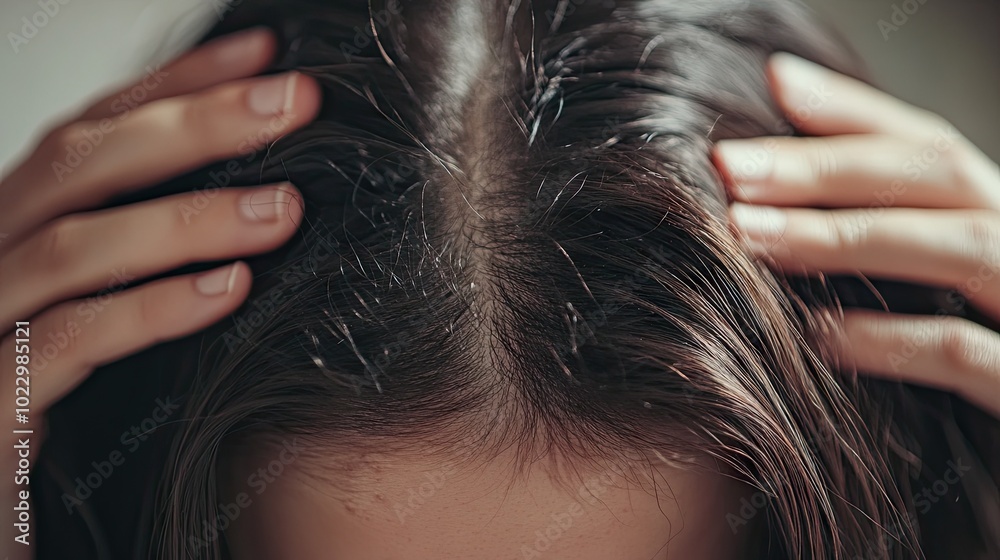 Naklejka premium A woman visibly itching her scalp, showcasing damaged hair, in a close-up shot that emphasizes her struggle with hair health