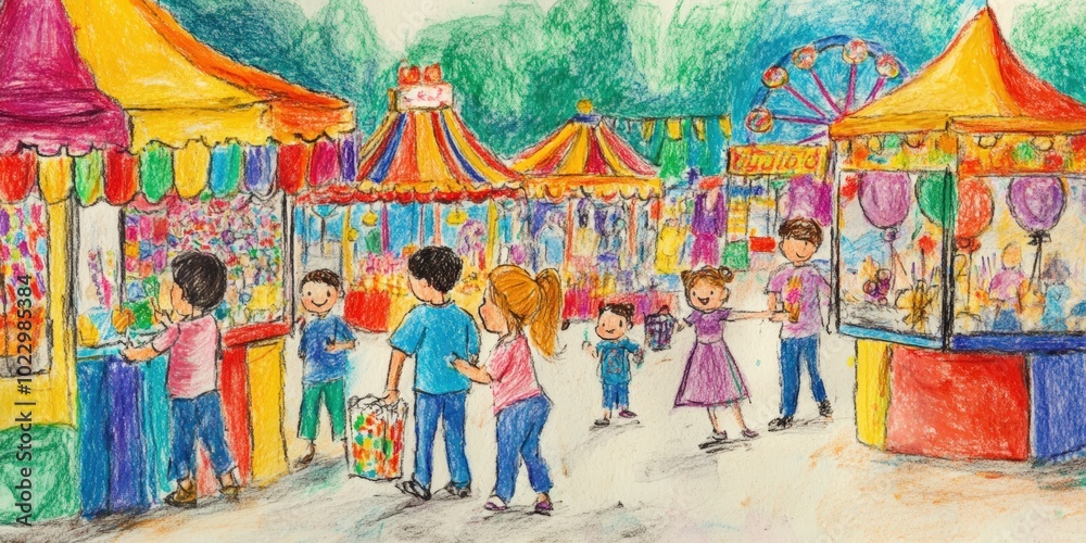 Fototapeta premium Colorful carnival scene with kids and booths.