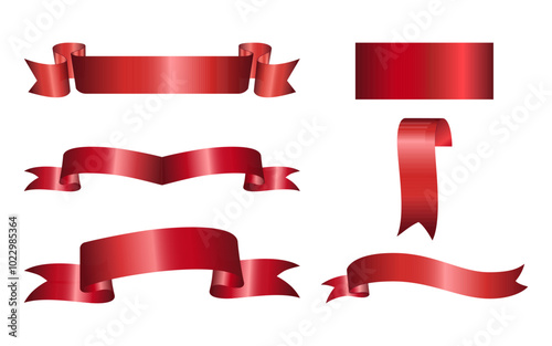 Set of decorative red ribbon banners isolated on white. Red Bow With Ribbons Set. Vector red ribbons. Ribbon banner set. Red ribbons, Vector. Blank retro flag, tape for text, price tag, sale label. 